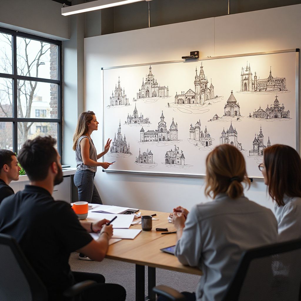 Harbour Fun Park design team brainstorming session with concept sketches