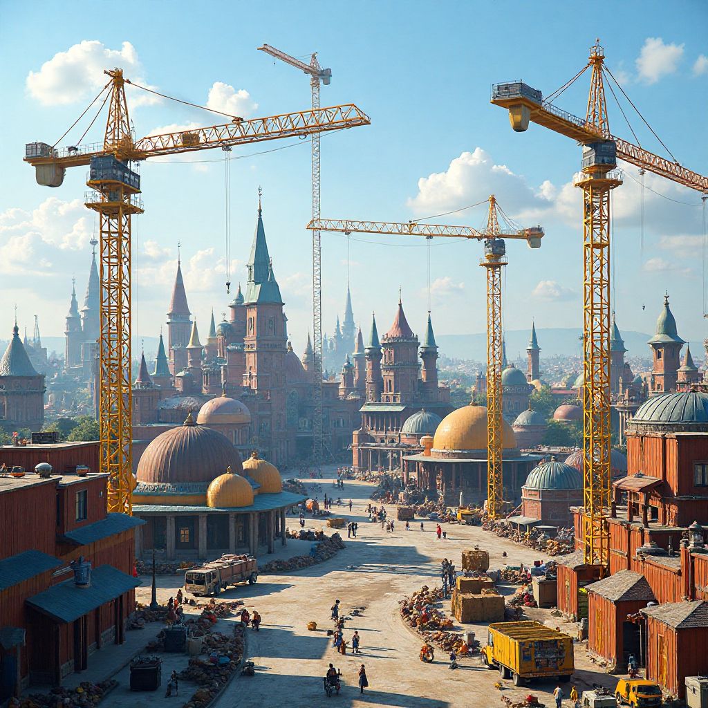 Large construction site with cranes building theme park structures