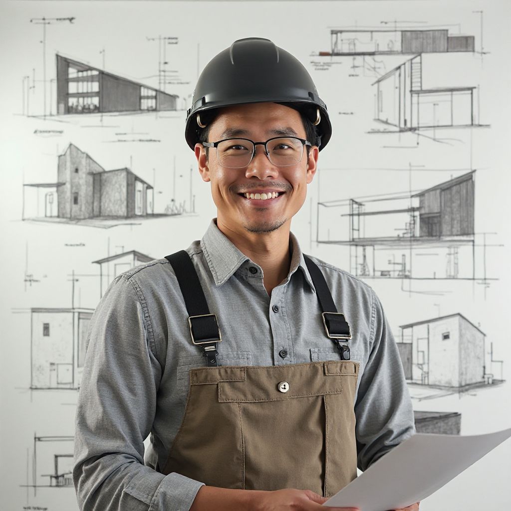 Marcus Chen creative director with architectural drawings